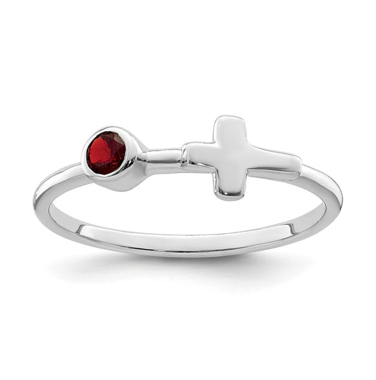 Sterling Silver Rhodium plated Polished Cross Garnet Ring, Size 8