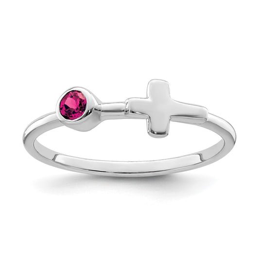 Sterling Silver Rhodium plated Polished Cross Lab Created Ruby Ring, Size 8