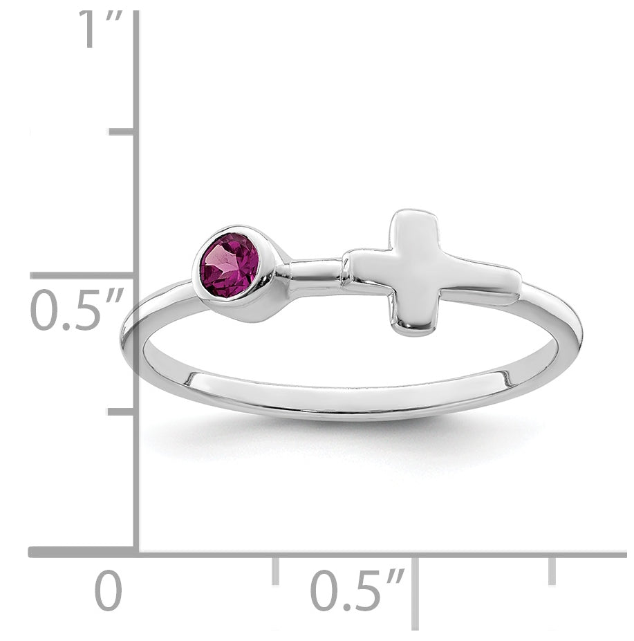 Sterling Silver Rhodium plated Polished Cross Rhodolite Garnet Ring, Size 8