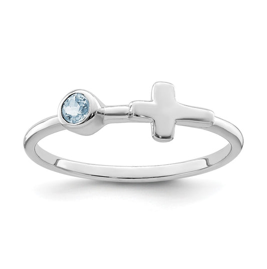 Sterling Silver Rhodium plated Polished Cross Aquamarine Ring, Size 7