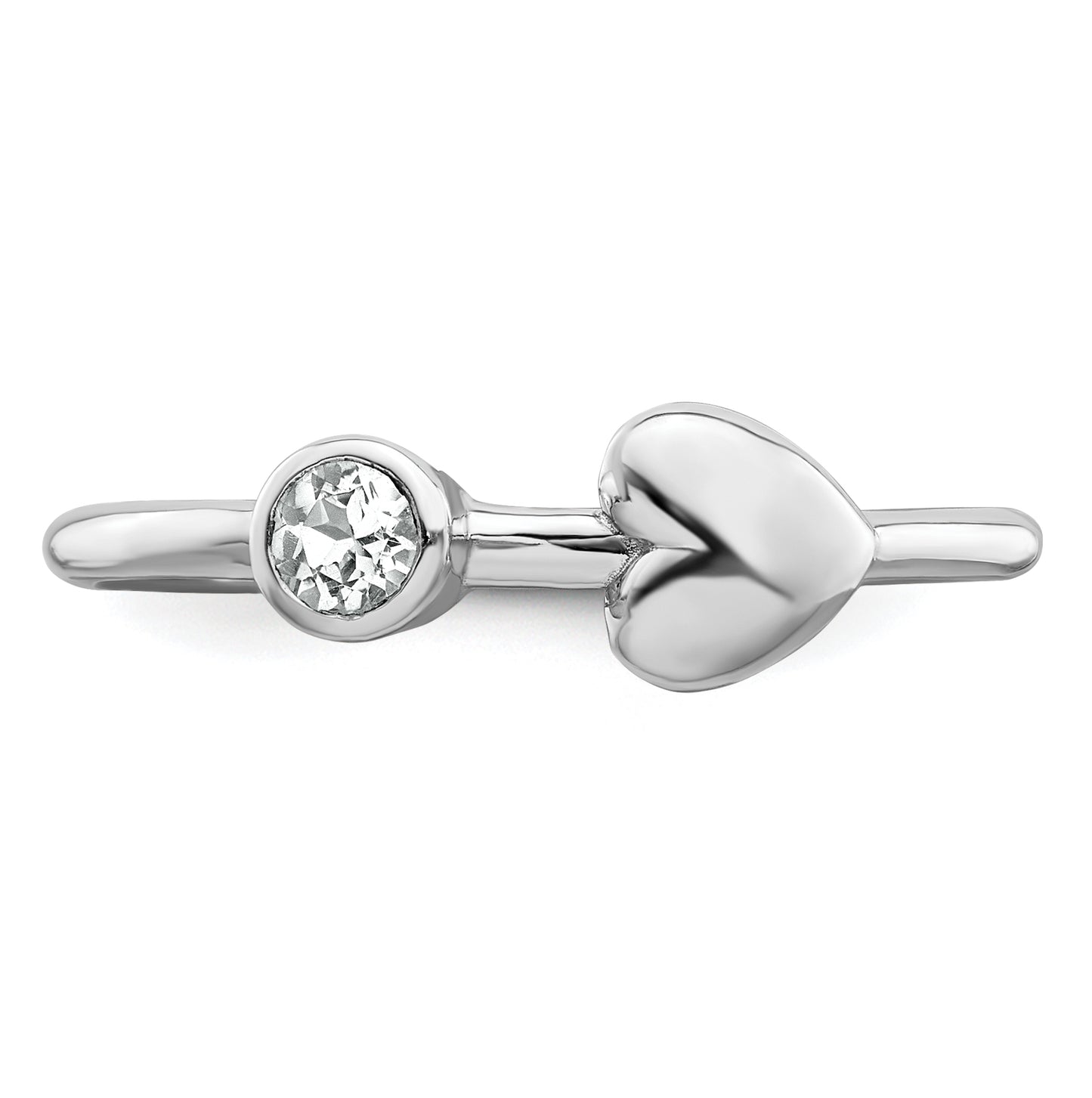 Sterling Silver Rhodium plated Polished Heart White Topaz Ring, Size 8