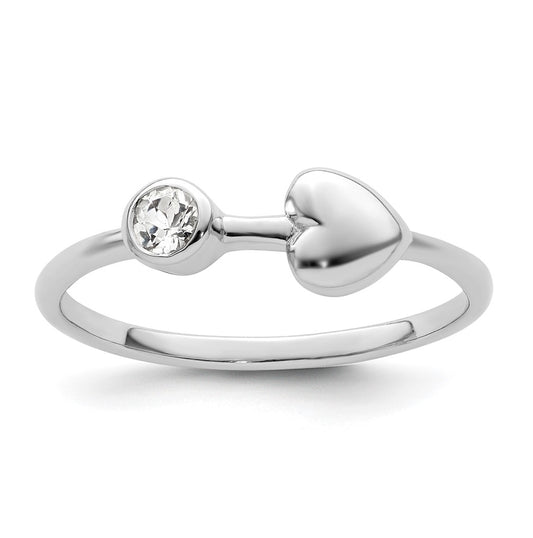 Sterling Silver Rhodium plated Polished Heart White Topaz Ring, Size 8