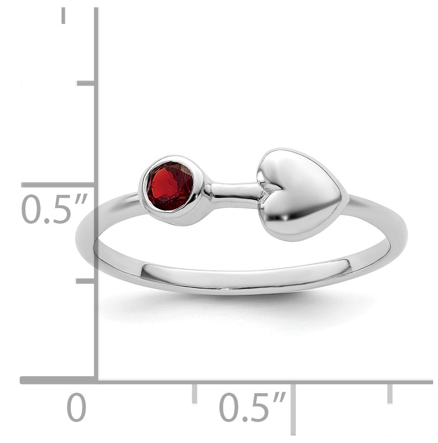 Sterling Silver Rhodium plated Polished Heart Garnet Ring, Size 8