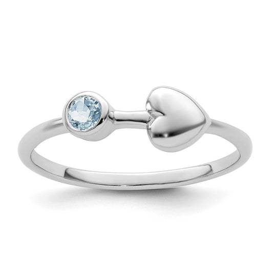 Sterling Silver Rhodium plated Polished Heart Aquamarine Ring, Size 8