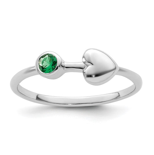 Sterling Silver Rhodium plated Polished Circle Created Emerald Heart Ring, Size 7