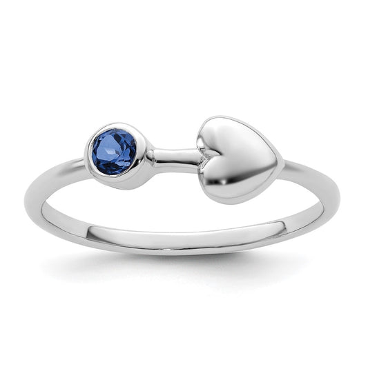 Sterling Silver Rhodium plated Polished Heart Lab Created Sapphire Ring, Size 8
