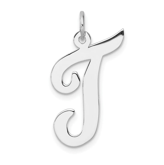 Large Sterling Silver Rhodium plated Script Letter T Initial Charm