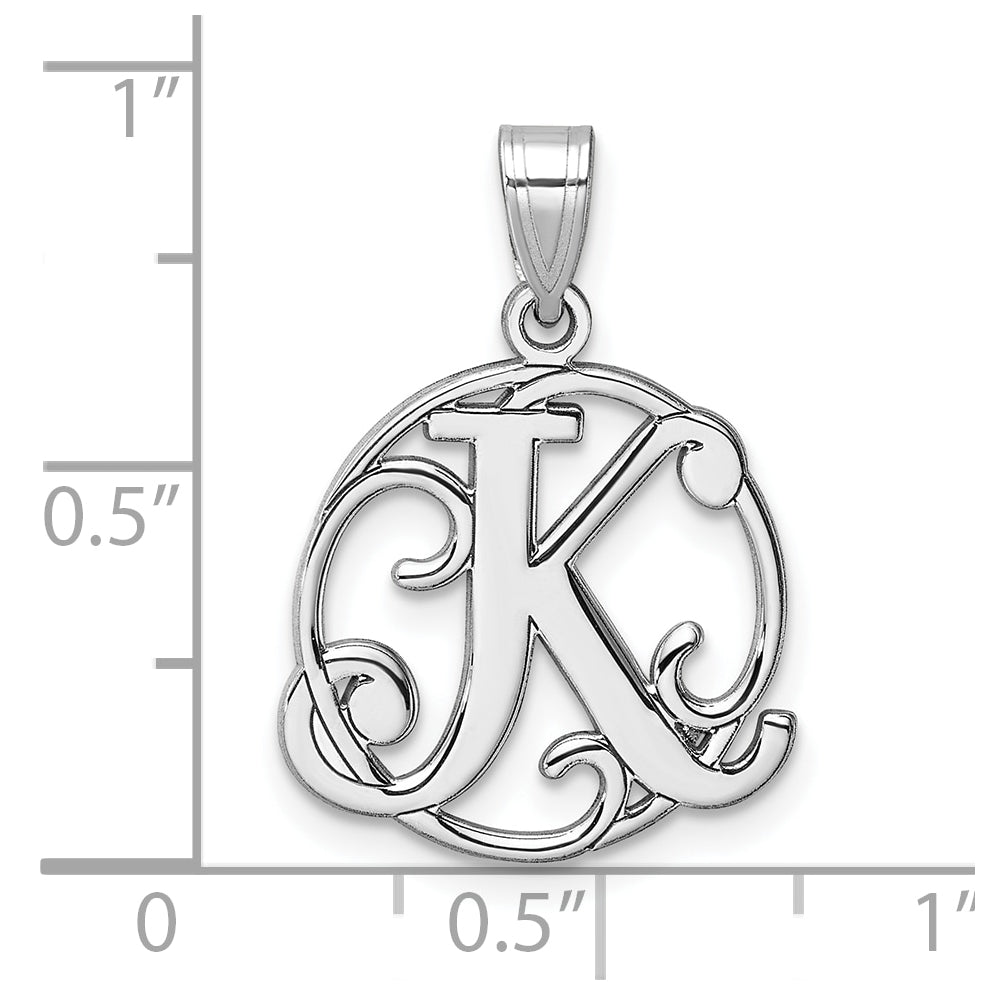 Small Sterling Silver Rhodium plated Fancy Script Letter K Initial Pendant