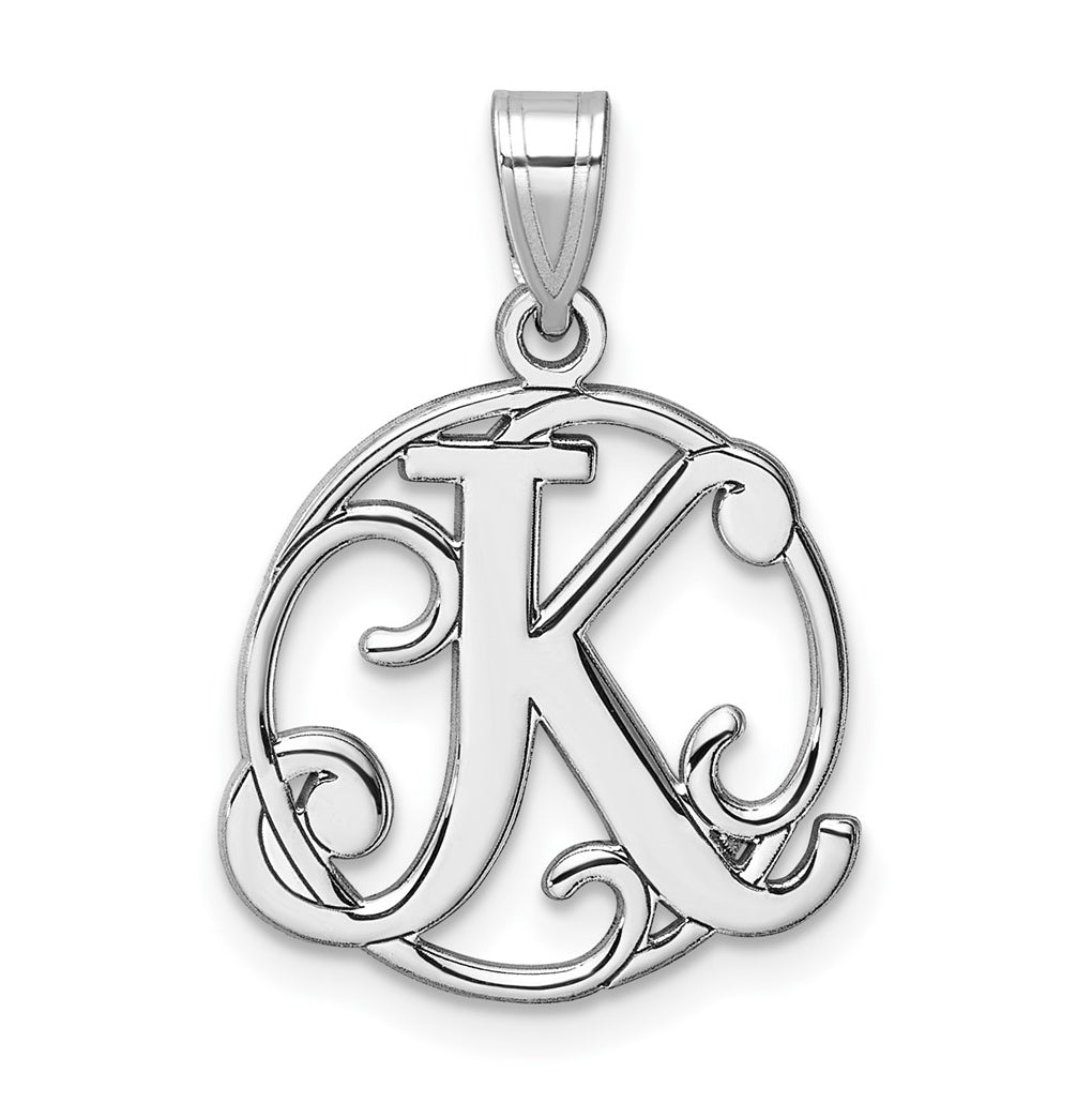 Small Sterling Silver Rhodium plated Fancy Script Letter K Initial Pendant