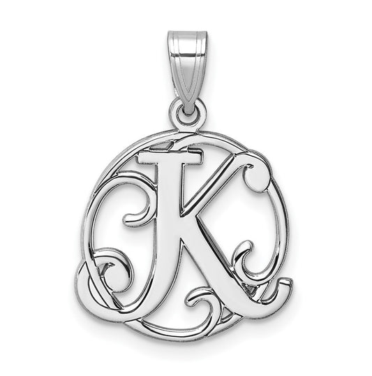 Small Sterling Silver Rhodium plated Fancy Script Letter K Initial Pendant