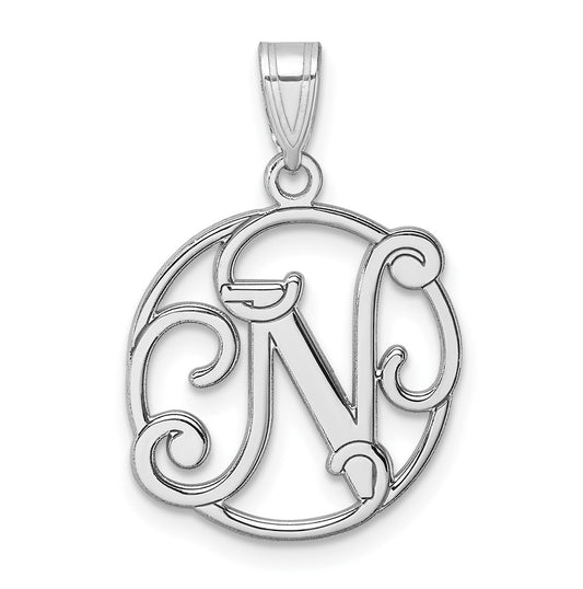 Small Sterling Silver Rhodium plated Fancy Script Letter N Initial Pendant