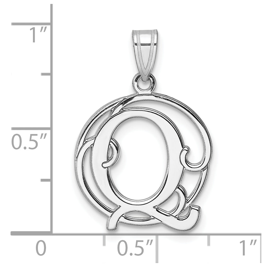 Small Sterling Silver Rhodium plated Fancy Script Letter Q Initial Pendant