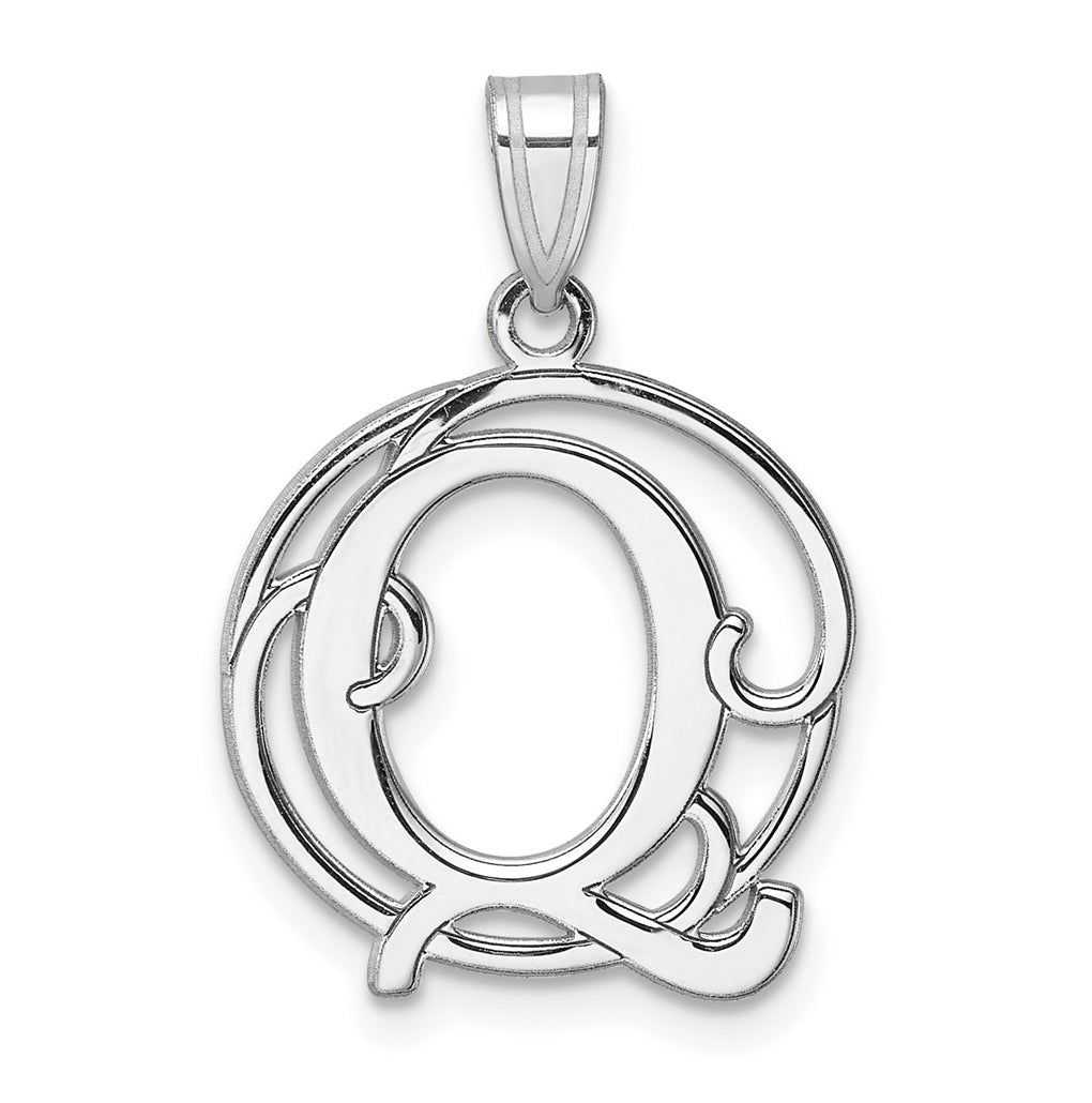 Small Sterling Silver Rhodium plated Fancy Script Letter Q Initial Pendant
