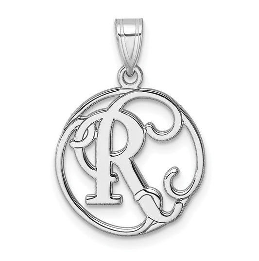 Small Sterling Silver Rhodium plated Fancy Script Letter R Initial Pendant
