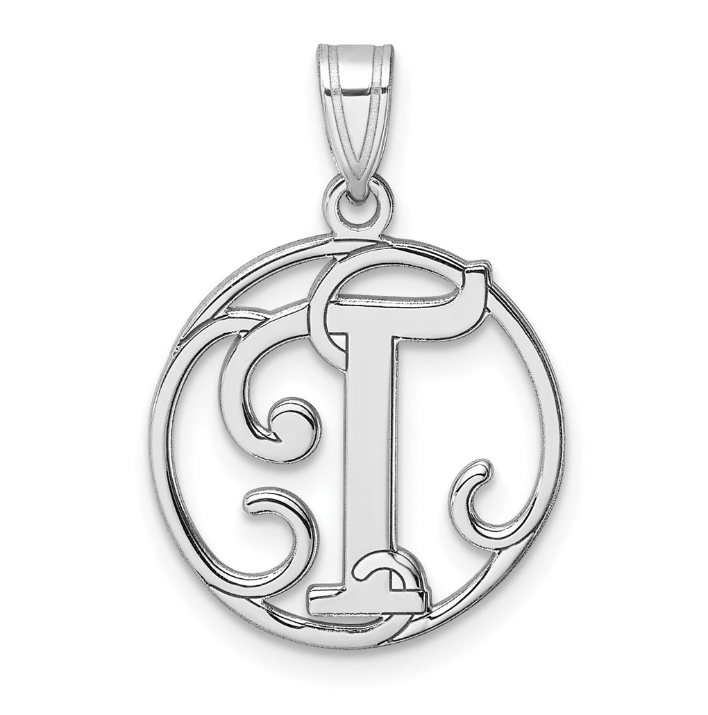 Small Sterling Silver Rhodium plated Fancy Script Letter T Initial Pendant