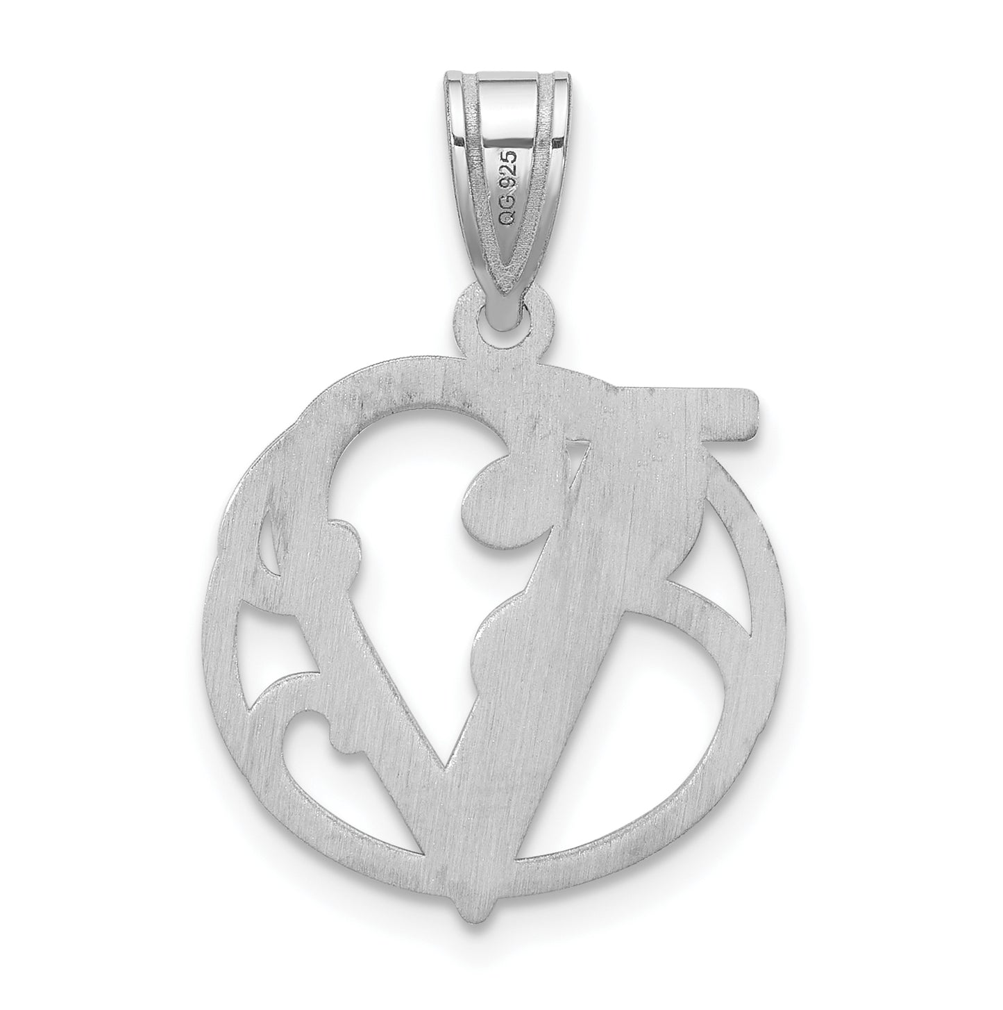 Small Sterling Silver Rhodium plated Fancy Script Letter V Initial Pendant