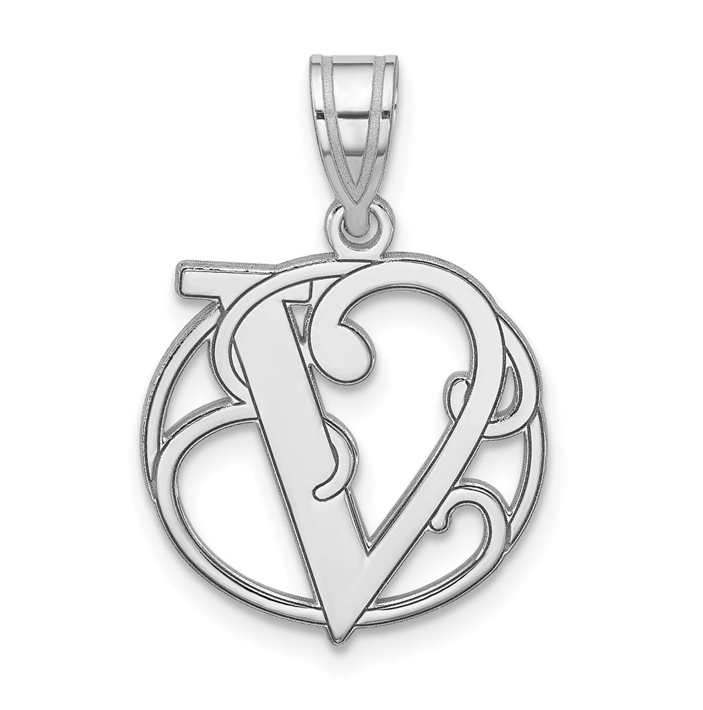 Small Sterling Silver Rhodium plated Fancy Script Letter V Initial Pendant
