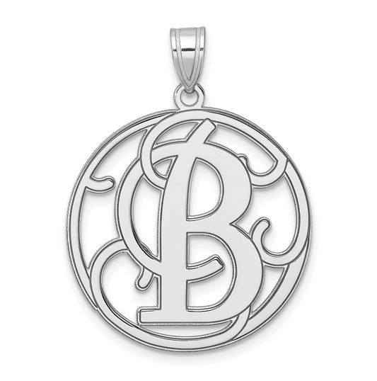 Large Sterling Silver Rhodium plated Fancy Script Letter B Initial Pendant
