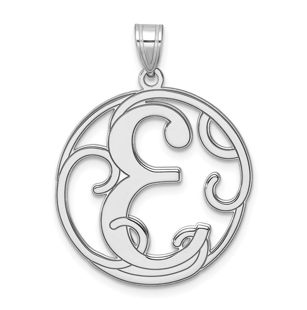 Large Sterling Silver Rhodium plated Fancy Script Letter E Initial Pendant