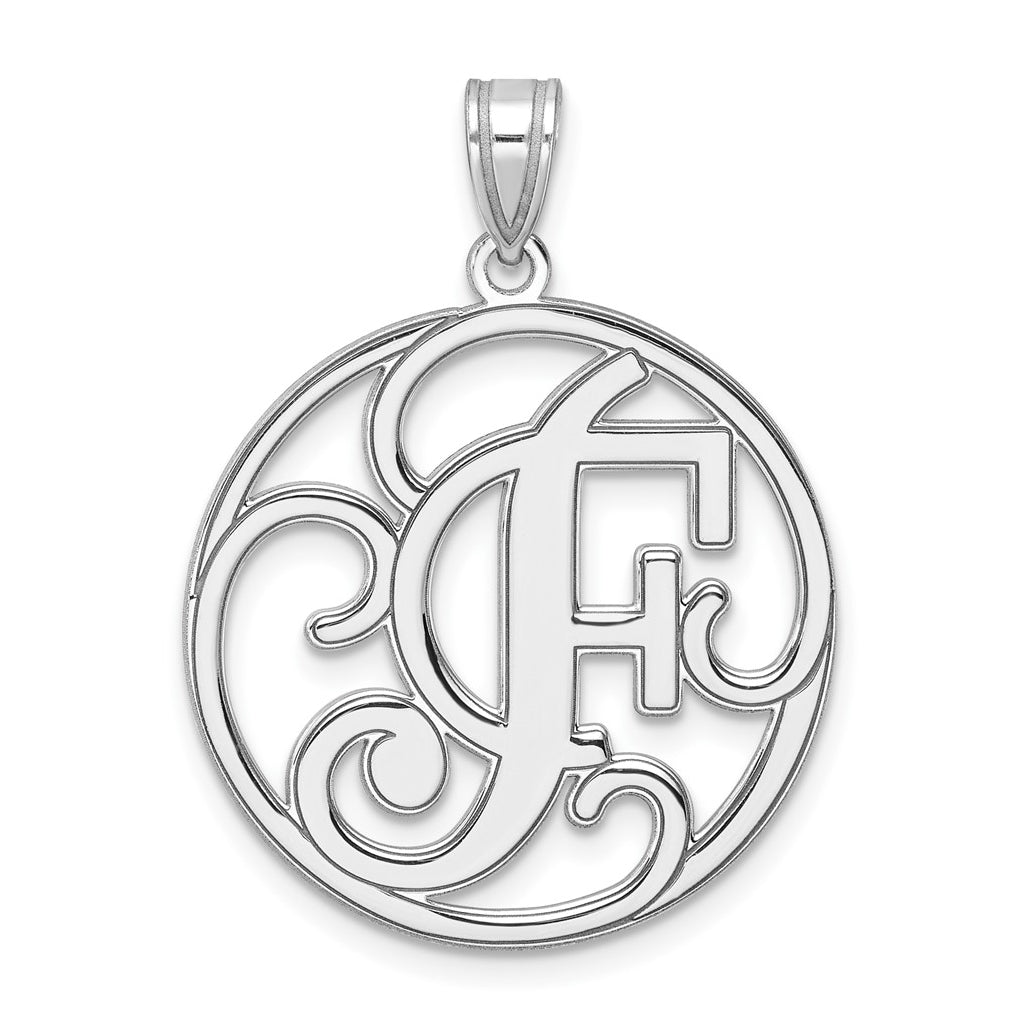 Large Sterling Silver Rhodium plated Fancy Script Letter F Initial Pendant