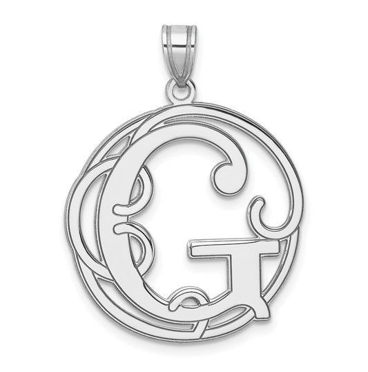 Large Sterling Silver Rhodium plated Fancy Script Letter G Initial Pendant