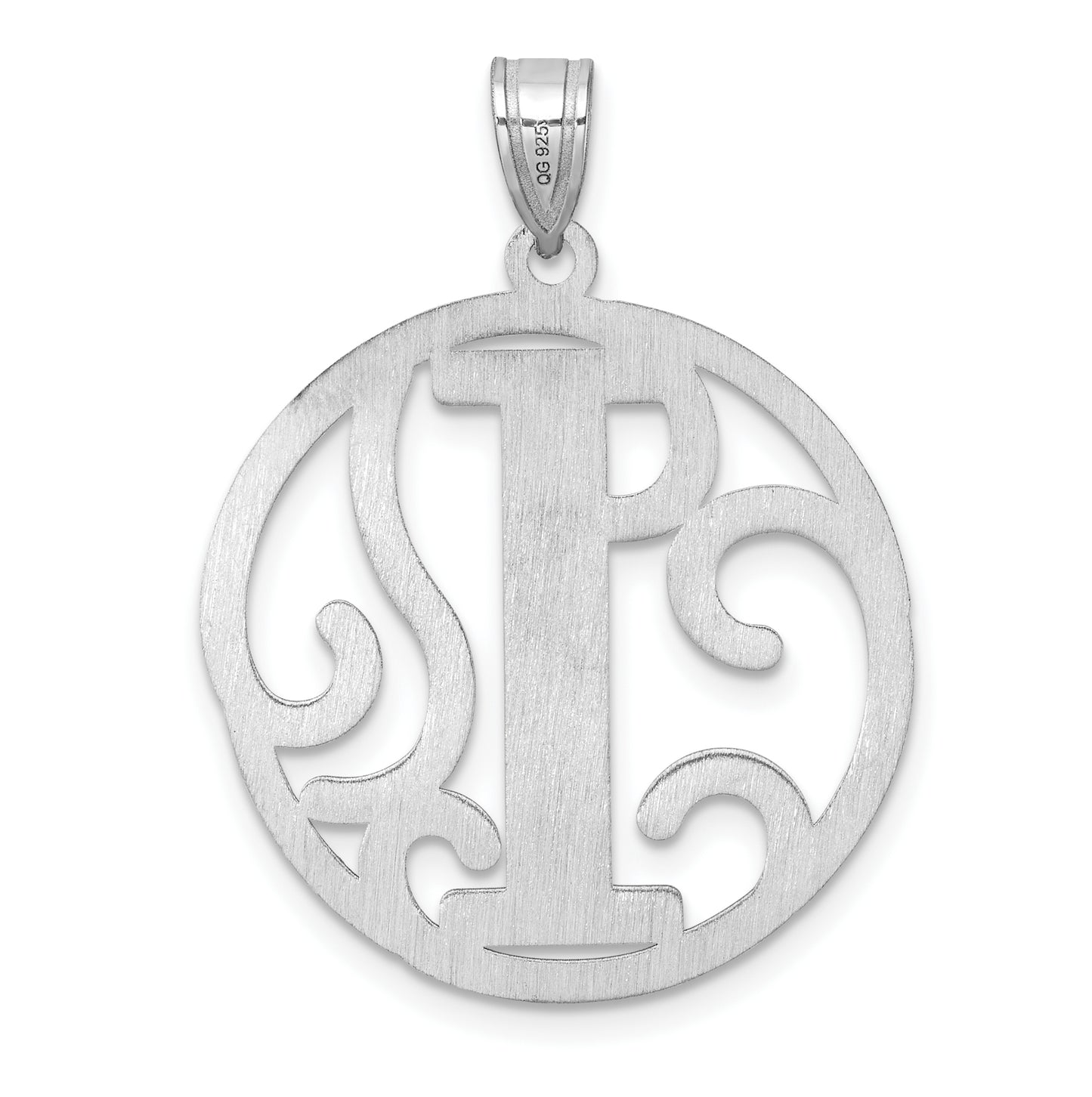 Large Sterling Silver Rhodium plated Fancy Script Letter I Initial Pendant