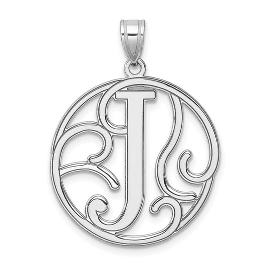 Large Sterling Silver Rhodium plated Fancy Script Letter J Initial Pendant