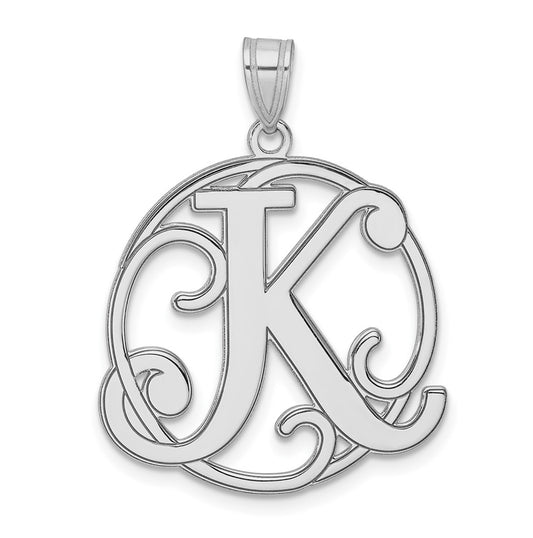 Large Sterling Silver Rhodium plated Fancy Script Letter K Initial Pendant