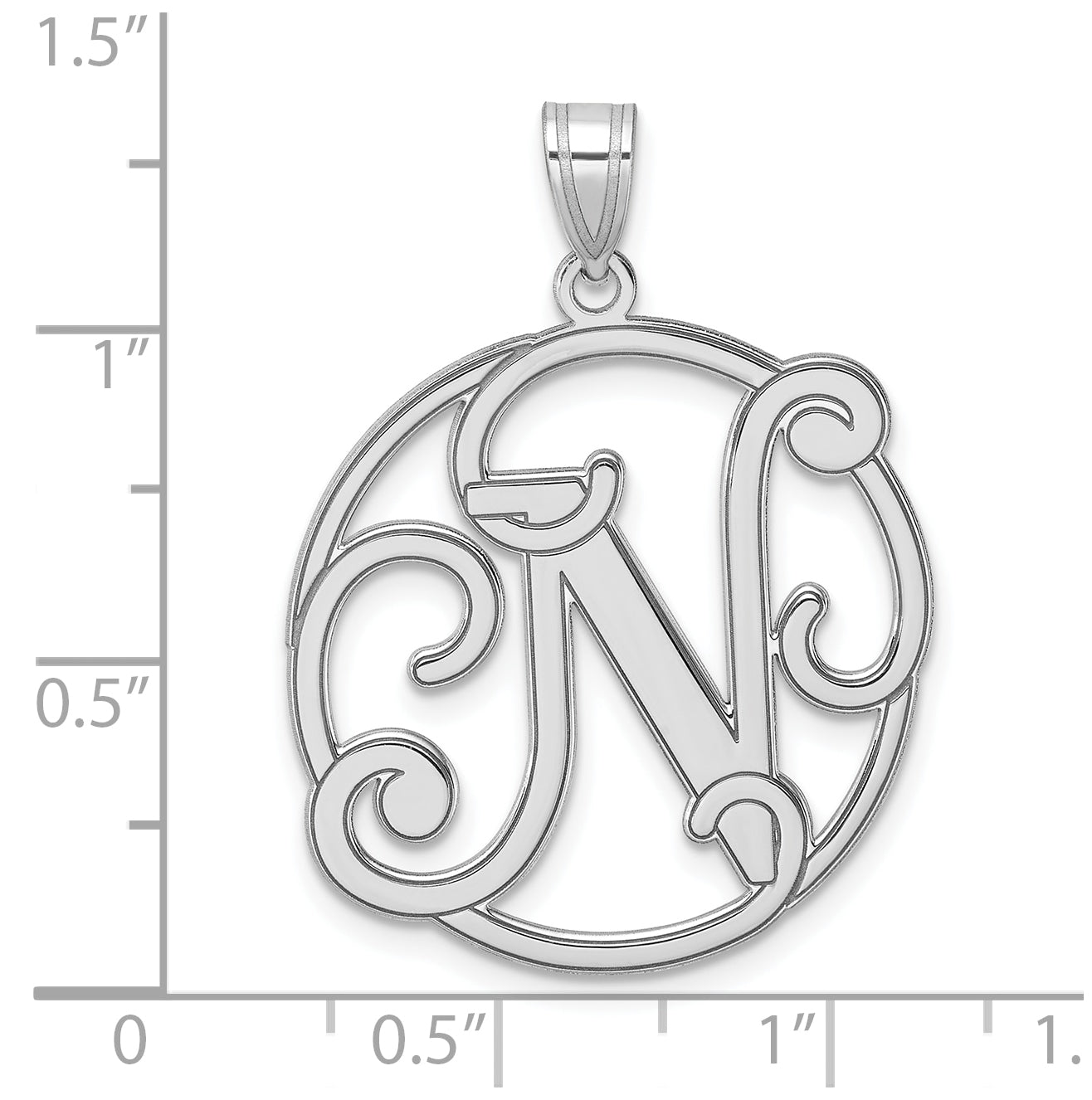 Large Sterling Silver Rhodium plated Fancy Script Letter N Initial Pendant