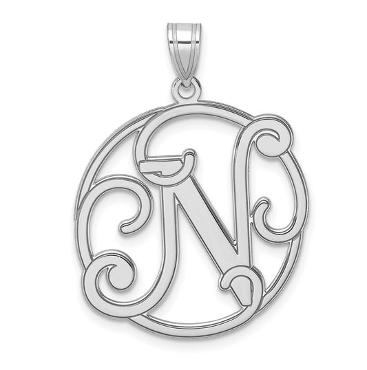 Large Sterling Silver Rhodium plated Fancy Script Letter N Initial Pendant
