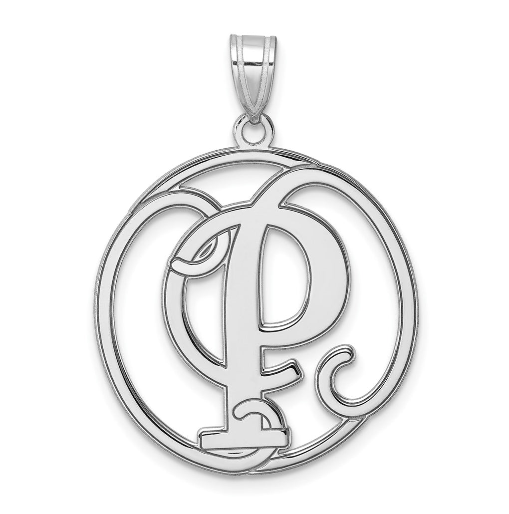 Large Sterling Silver Rhodium plated Fancy Script Letter P Initial Pendant