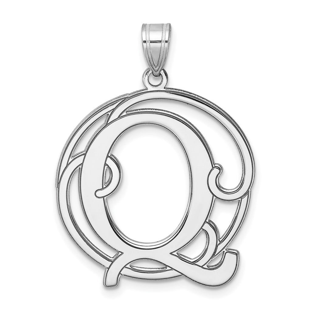 Large Sterling Silver Rhodium plated Fancy Script Letter Q Initial Pendant