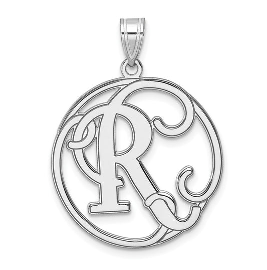 Large Sterling Silver Rhodium plated Fancy Script Letter R Initial Pendant