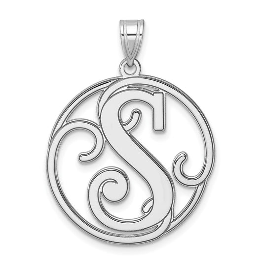 Large Sterling Silver Rhodium plated Fancy Script Letter S Initial Pendant