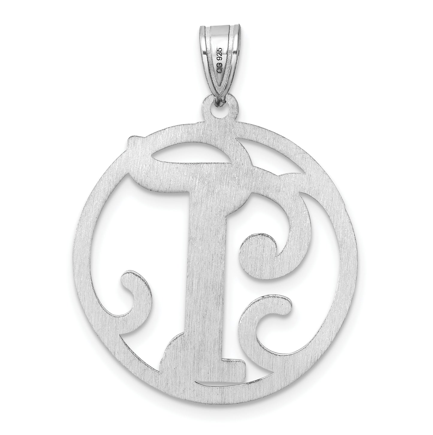 Large Sterling Silver Rhodium plated Fancy Script Letter T Initial Pendant