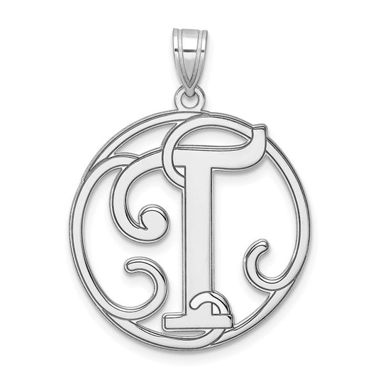 Large Sterling Silver Rhodium plated Fancy Script Letter T Initial Pendant