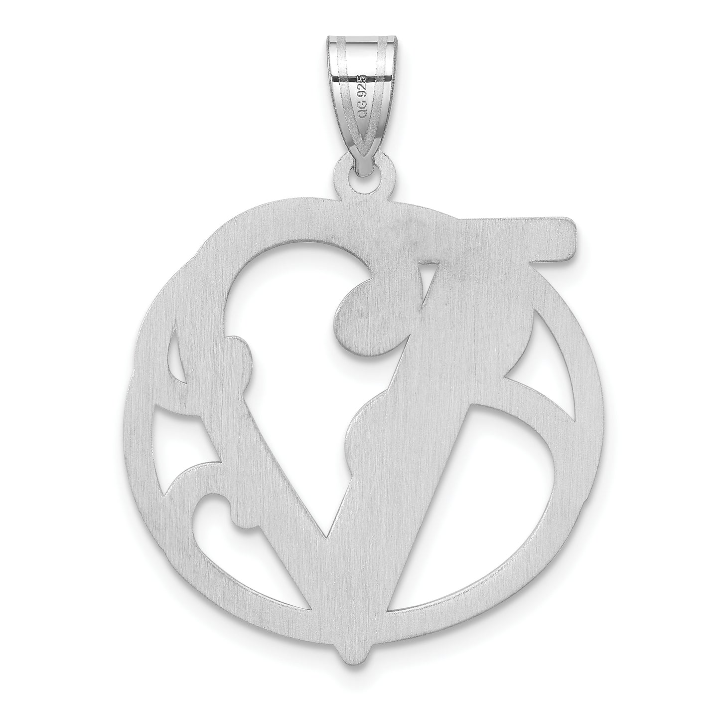 Large Sterling Silver Rhodium plated Fancy Script Letter V Initial Pendant