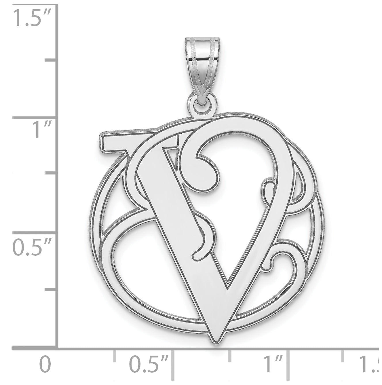 Large Sterling Silver Rhodium plated Fancy Script Letter V Initial Pendant