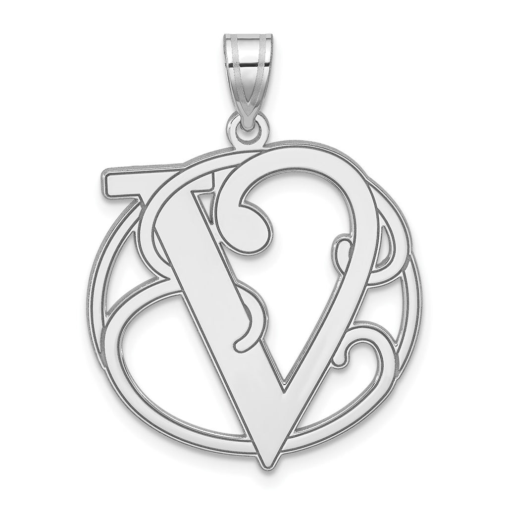 Large Sterling Silver Rhodium plated Fancy Script Letter V Initial Pendant
