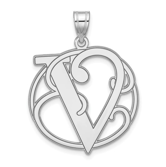 Large Sterling Silver Rhodium plated Fancy Script Letter V Initial Pendant