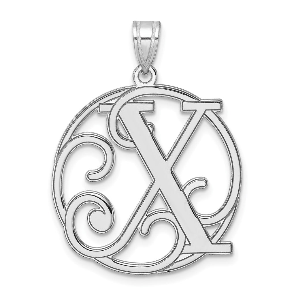 Large Sterling Silver Rhodium plated Fancy Script Letter X Initial Pendant