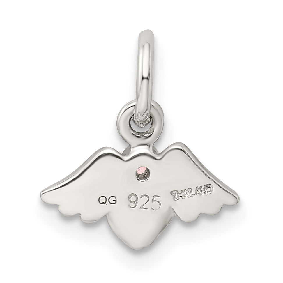 Sterling Silver Rhodium Plated Polished/Satin Heart with Wings Pink Cubic Zirconia Pendant