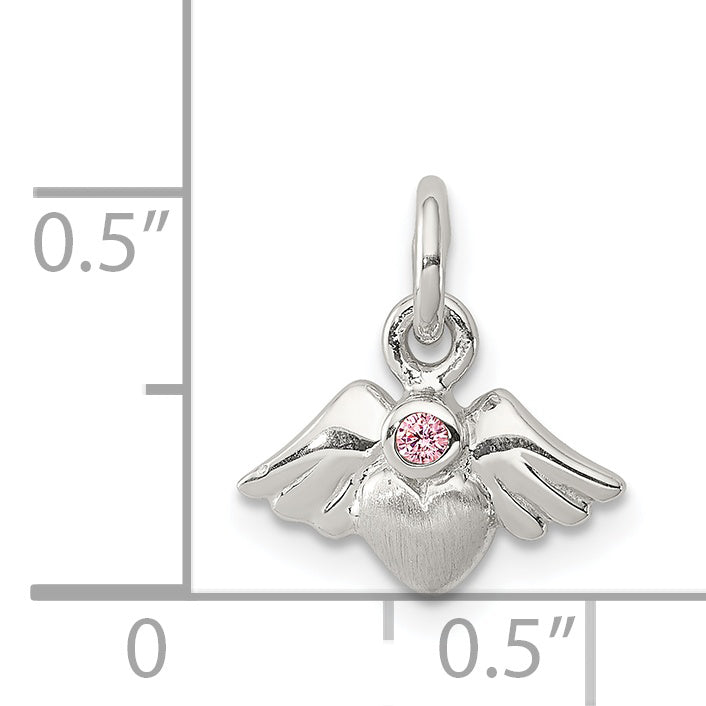 Sterling Silver Rhodium Plated Polished/Satin Heart with Wings Pink Cubic Zirconia Pendant