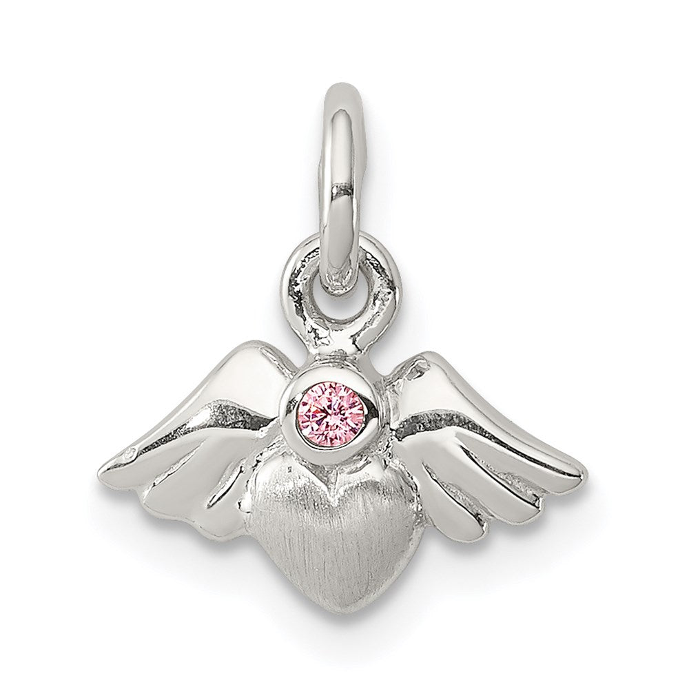 Sterling Silver Rhodium Plated Polished/Satin Heart with Wings Pink Cubic Zirconia Pendant