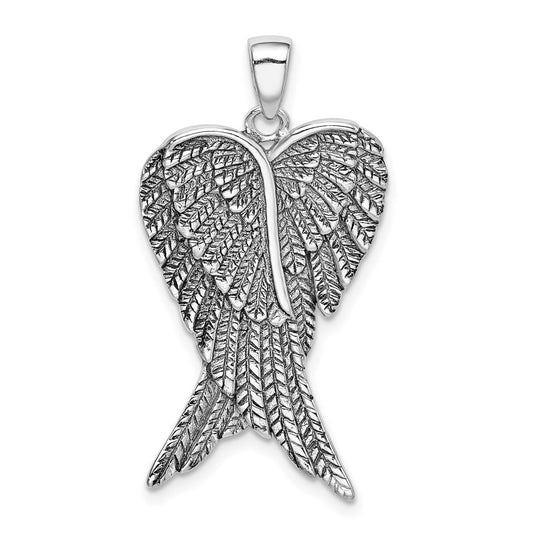 Sterling Silver Rhodium-plated Antiqued Angel Wing Pendant