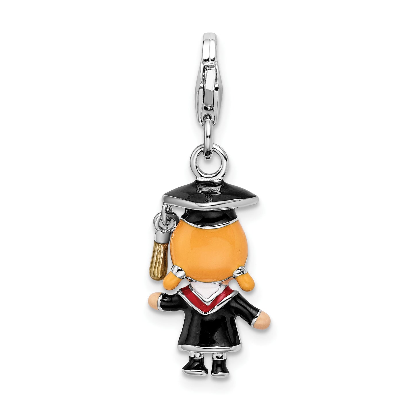 Amore La Vita Sterling Silver Rhodium plated Polished 3-D Enameled Girl Graduate Charm with Fancy Lobster Clasp
