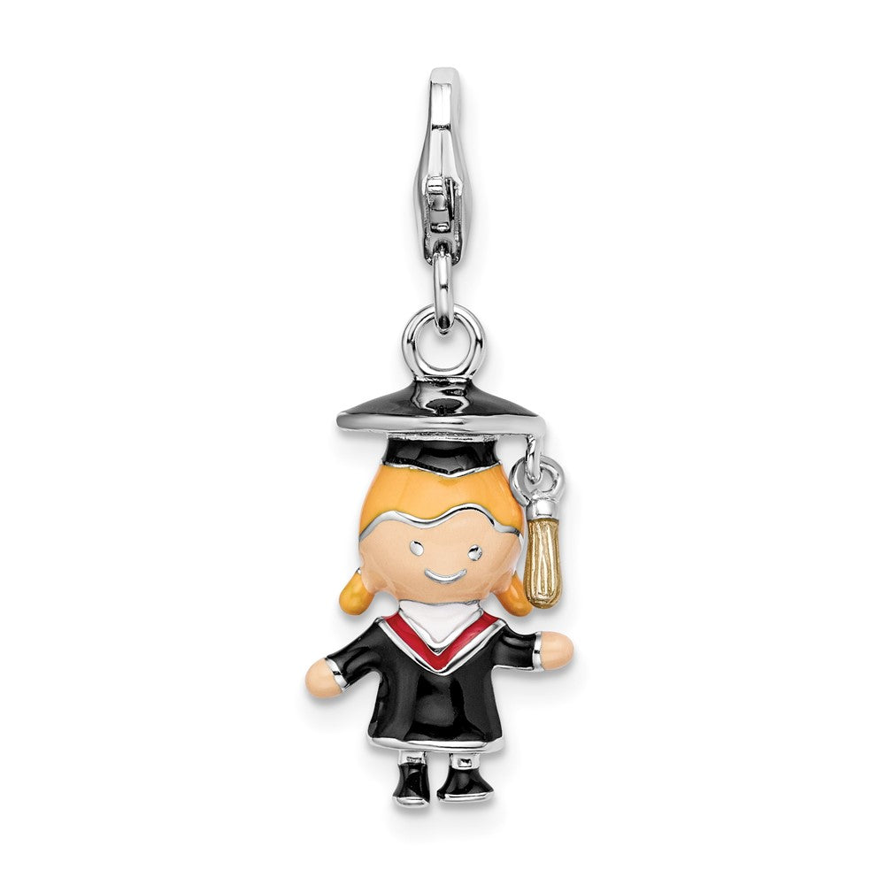 Amore La Vita Sterling Silver Rhodium plated Polished 3-D Enameled Girl Graduate Charm with Fancy Lobster Clasp