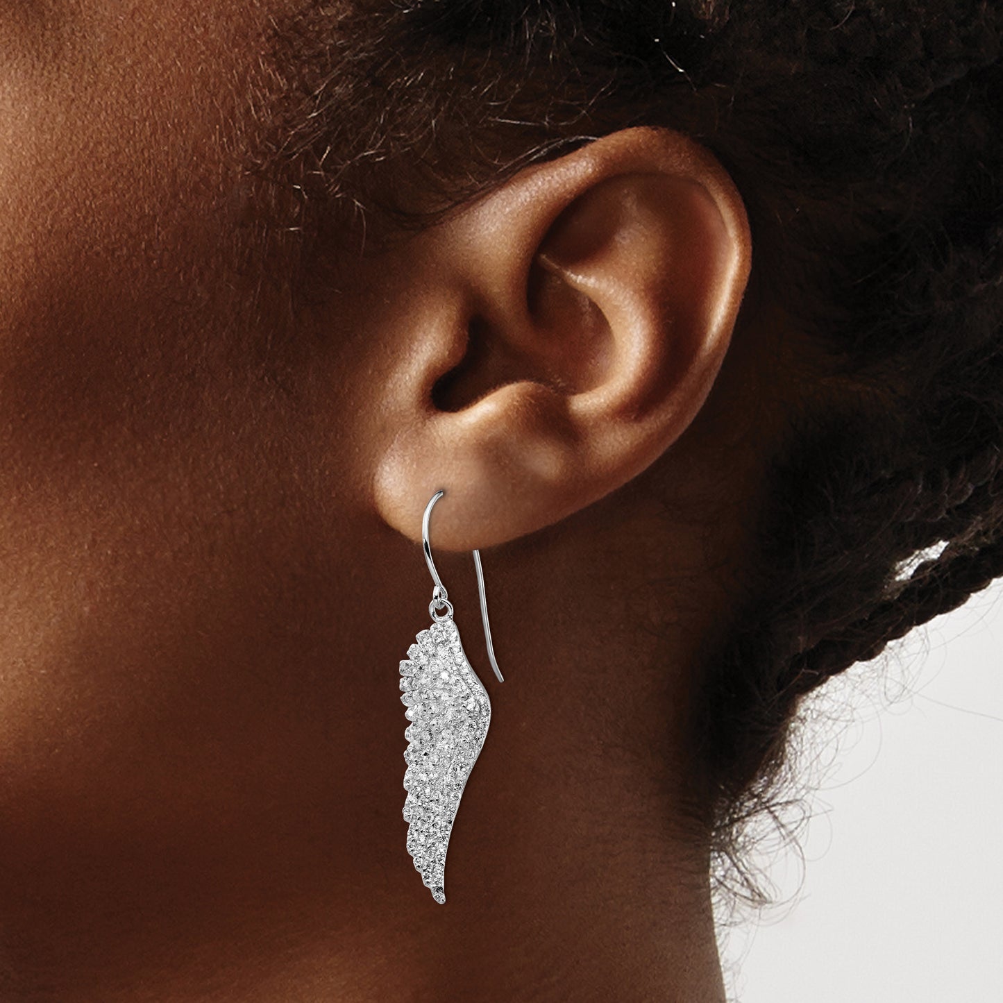Cheryl M Sterling Silver Rhodium plated Brilliant-cut Cubic Zirconia Angel Wing Shepherd Hook Dangle Earrings