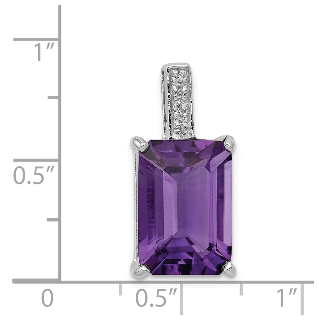 Sterling Silver Rhodium Emerald-cut Amethyst & Diamond Pendant – Elegant Jewelry Gift for Birthday, Anniversary, Engagement, Wedding