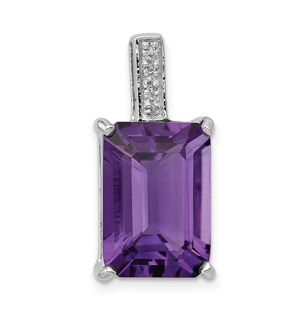 Sterling Silver Rhodium Emerald-cut Amethyst & Diamond Pendant – Elegant Jewelry Gift for Birthday, Anniversary, Engagement, Wedding